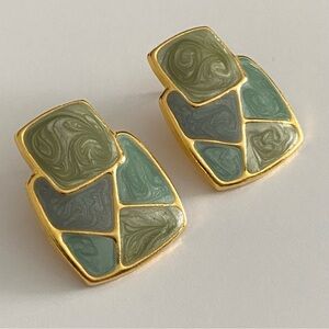 Vintage Style Gold Tone Green Enamel Geometric Stud Earrings 80s Inspired